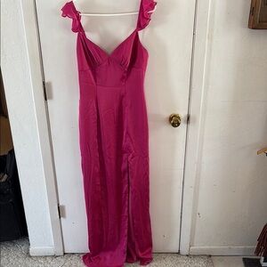 Azazie Barbie raspberry pink satin slip column dress with high slit Size Custom